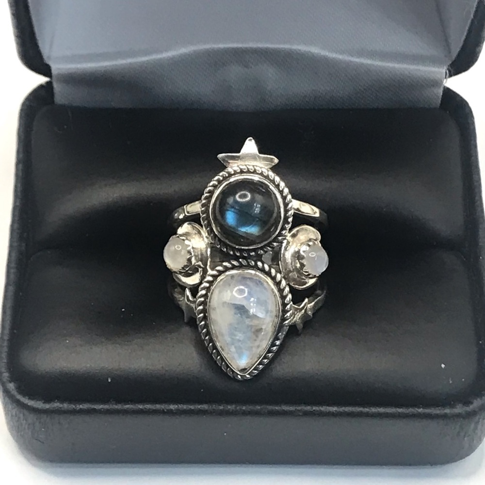 925 Sterling Silver Natural Moonstone and Labradorite Statement Ring Size 5,6,7